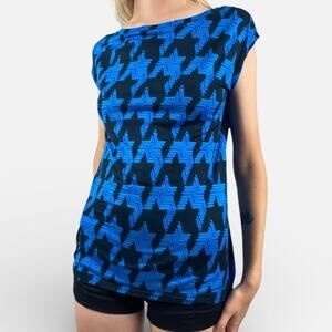 2000s Royal Blue Black Oversized Houndstooth Geometric Cap Sleeve T-Shirt Sz XS